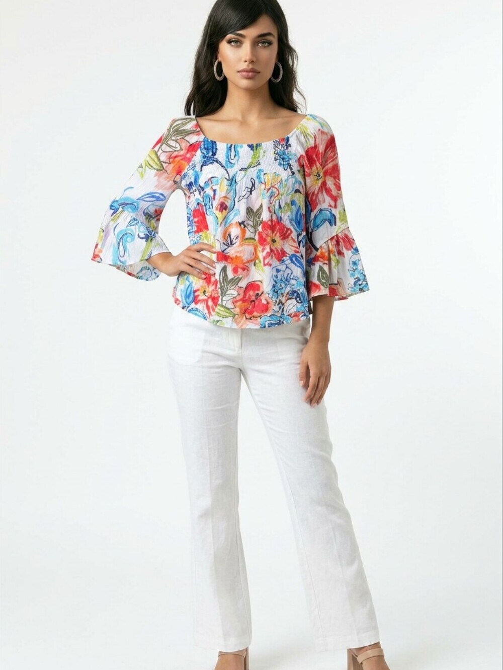 Spense Floral Flowing Boho Blouse Top Vibrant Colors Size Small
